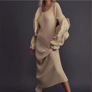 NWT! Free People Beach Walk About‎ Maxi Dress Ribbed Knit Form Fitting Ivory L